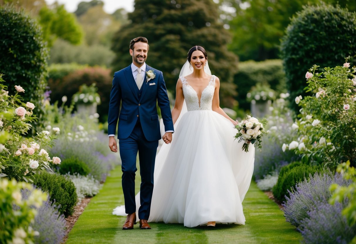 A garden wedding at 4 pm: a dapper groom in a navy suit and a radiant bride in a flowing white gown, surrounded by lush greenery and blooming flowers