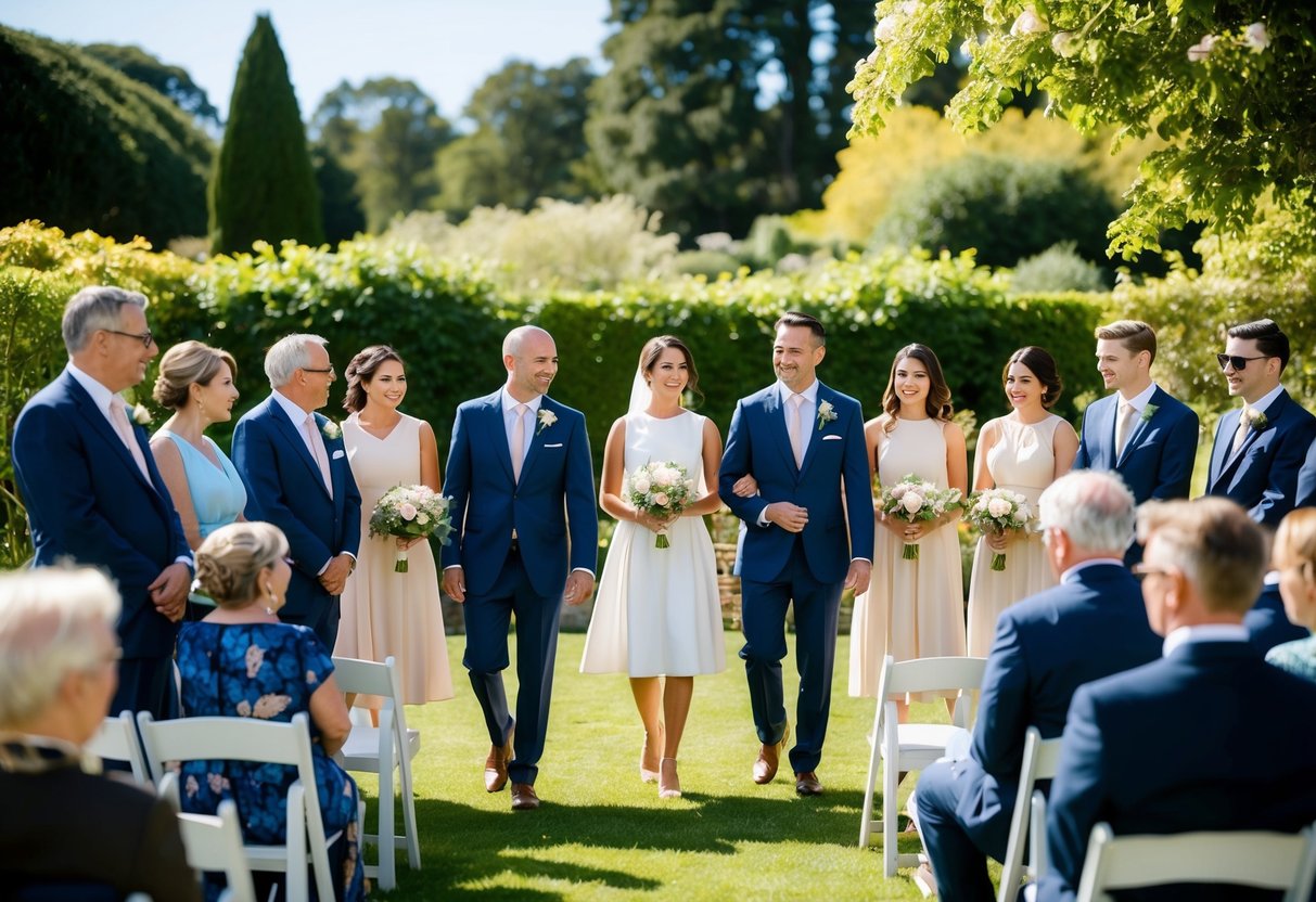 A sunny outdoor garden with guests in semi-formal attire, women in knee-length dresses and men in suits, at a 4 pm wedding