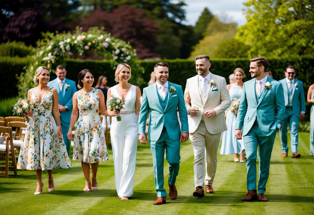 A garden wedding at 4 pm, guests wearing semi-formal attire, women in floral dresses and men in light-colored suits or dress shirts with trousers