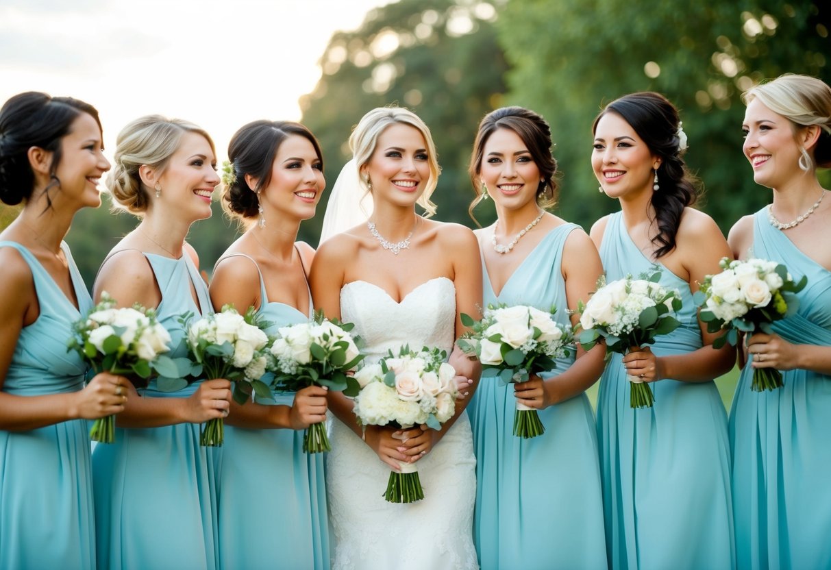 A group of women standing together, dressed in matching attire and holding bouquets, with a sense of camaraderie and excitement in the air