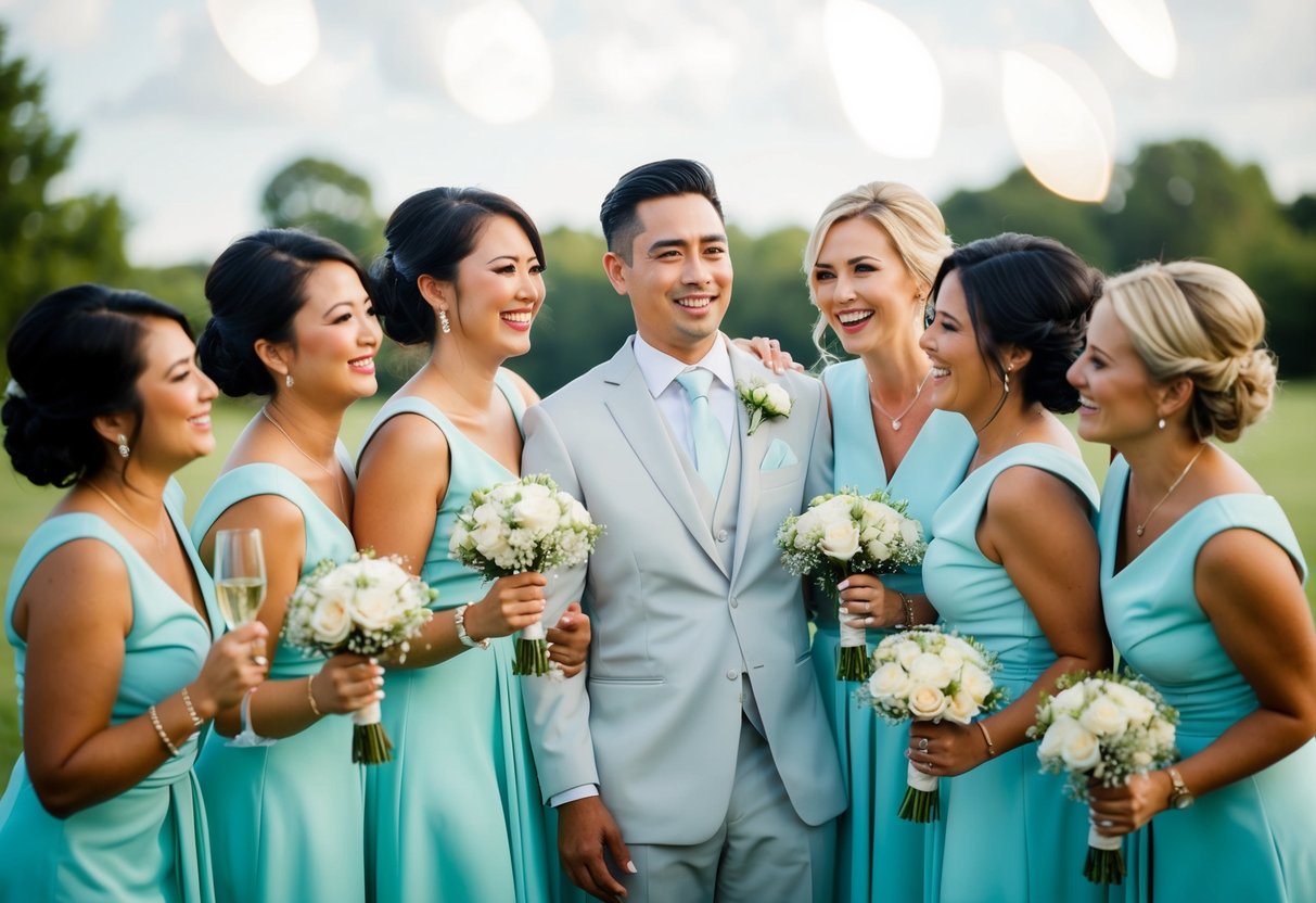 A group of women in matching attire stand beside the groom, celebrating and supporting him on his wedding day