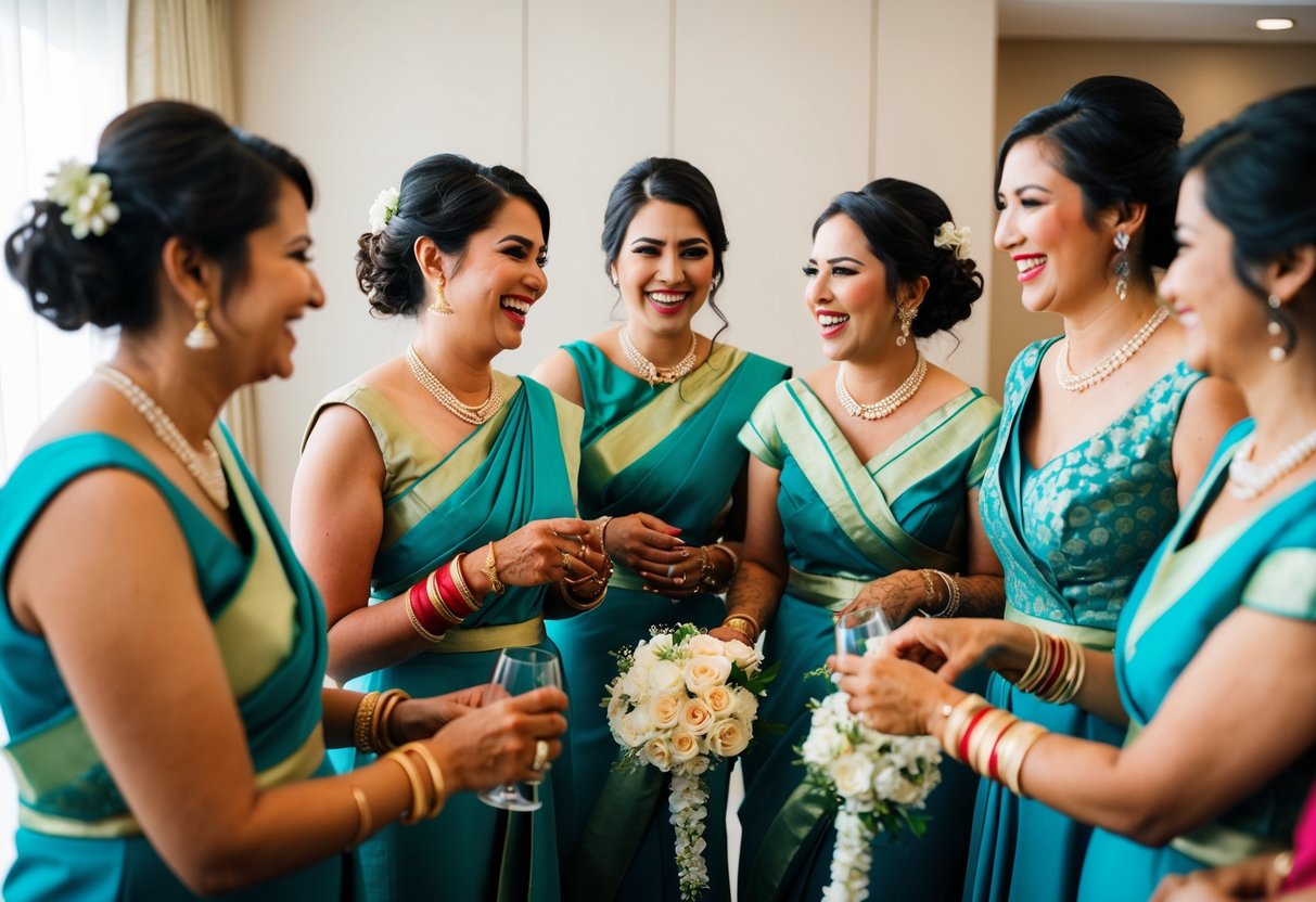 A group of women in matching attire gather for pre-wedding activities, laughing and chatting as they prepare for the upcoming ceremony