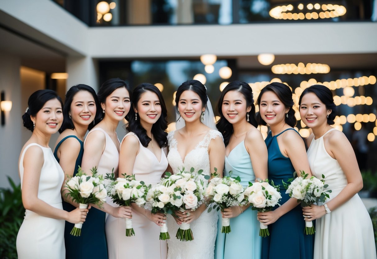 A group of elegantly dressed women standing together, holding bouquets and smiling, while surrounded by modern wedding decor