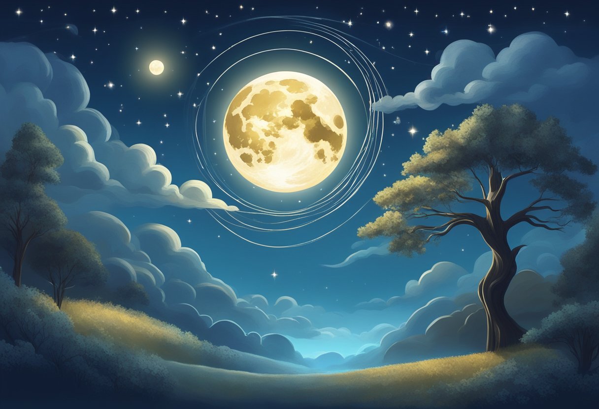 A serene night sky with a luminous full moon, surrounded by swirling clouds and twinkling stars. A figure appears to be peacefully floating above the earth, connected by a glowing ethereal thread