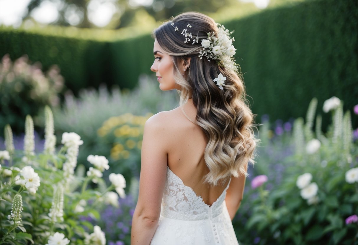 A bride stands in a garden, her hair cascading down in loose waves, adorned with delicate flowers
