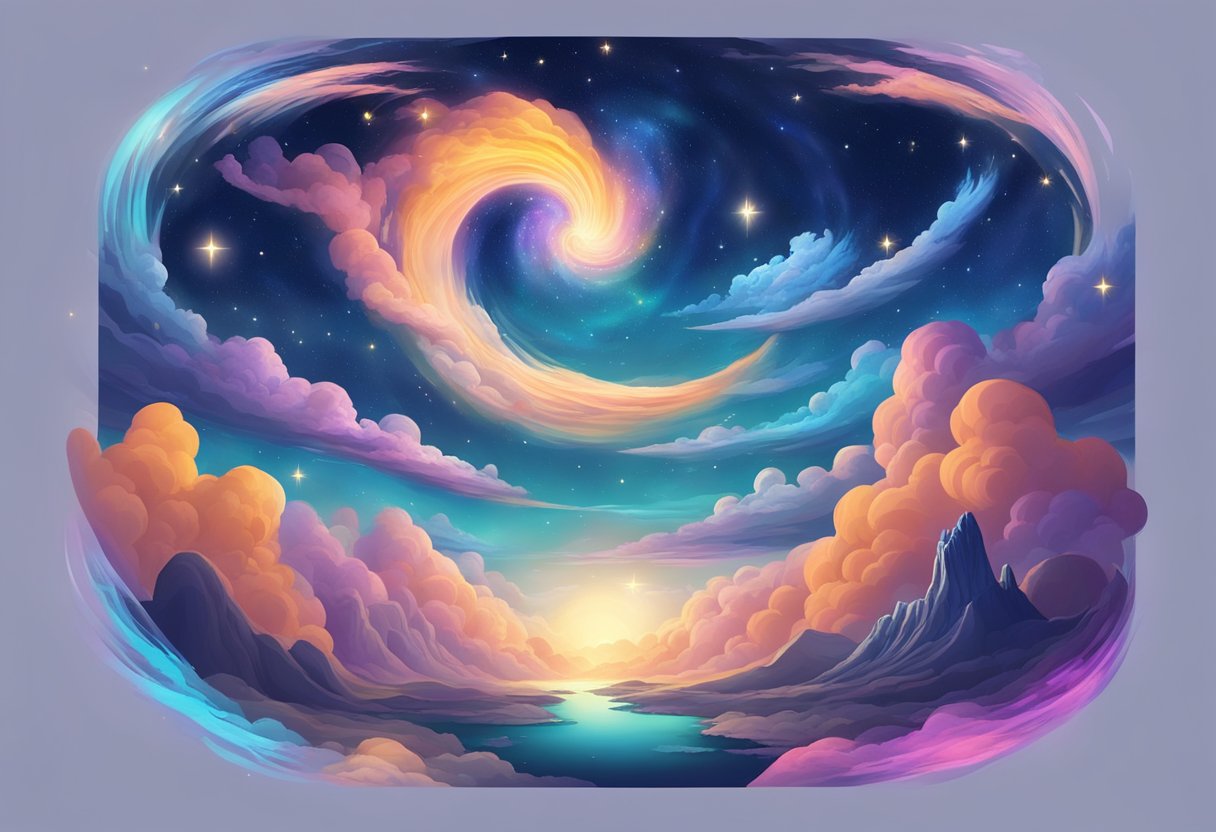 A serene night sky with a vivid dream world merging with a mystical astral plane, surrounded by swirling energy and ethereal landscapes