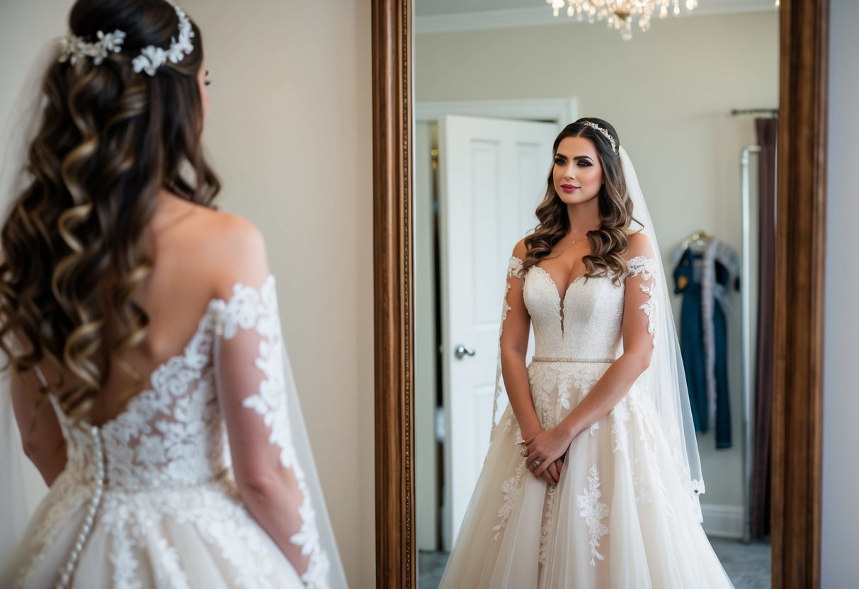 A bride wearing a flowing, lace-trimmed gown stands in front of a mirror, her long, wavy hair cascading down her back. She gazes at her reflection with a thoughtful expression