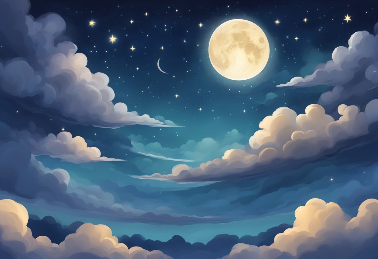A serene night sky with stars and a crescent moon, surrounded by swirling clouds and a sense of peacefulness and tranquility