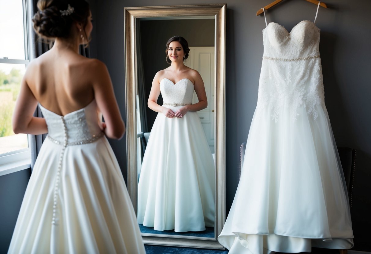 A bride standing in front of a full-length mirror, wearing her first wedding dress. Another dress is draped over a nearby chair as she contemplates her final decision