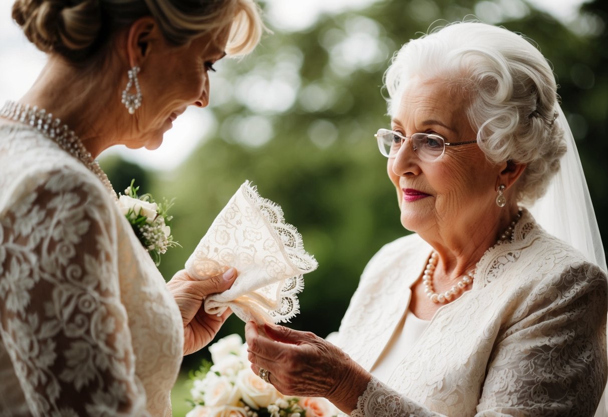 An elderly woman presents a delicate lace handkerchief to the bride