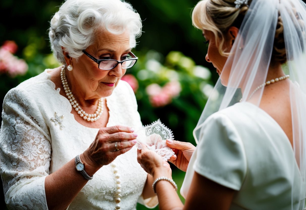 A grandmother places a delicate lace handkerchief in the bride's hands