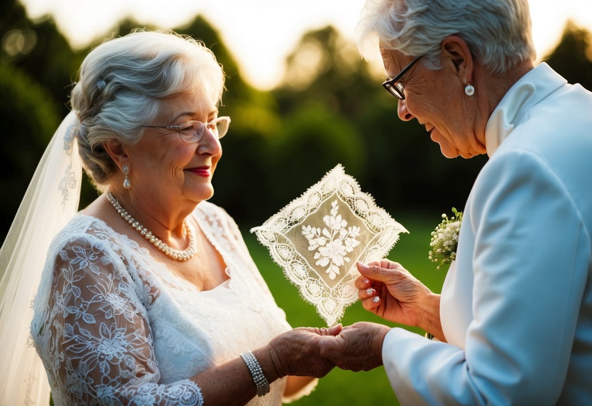 A grandmother presents the bride with a delicate lace handkerchief