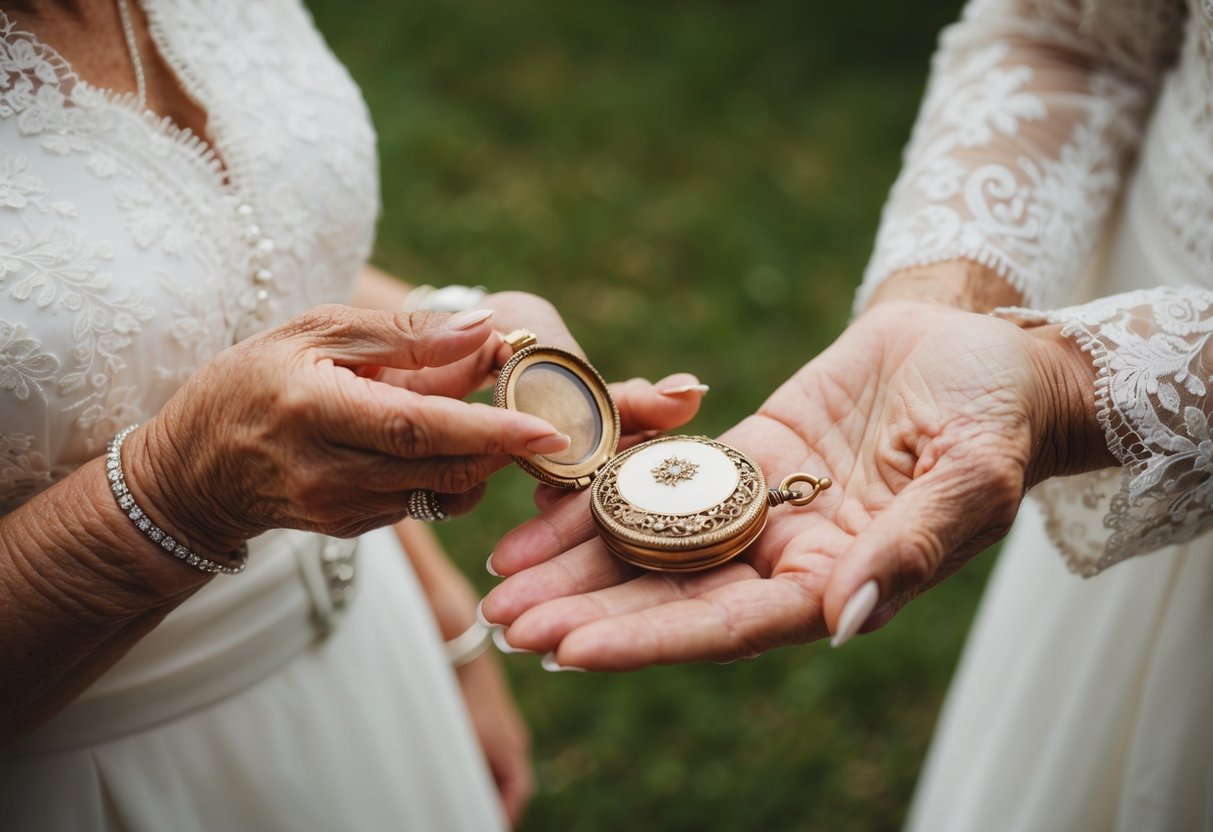 A grandmother places a vintage locket in the bride's hand