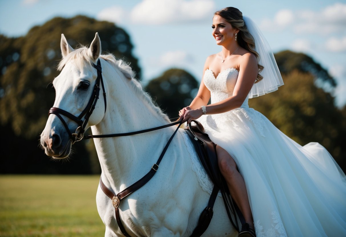 A bride mounts a white horse, holding the reins and wearing a flowing wedding gown with a long train