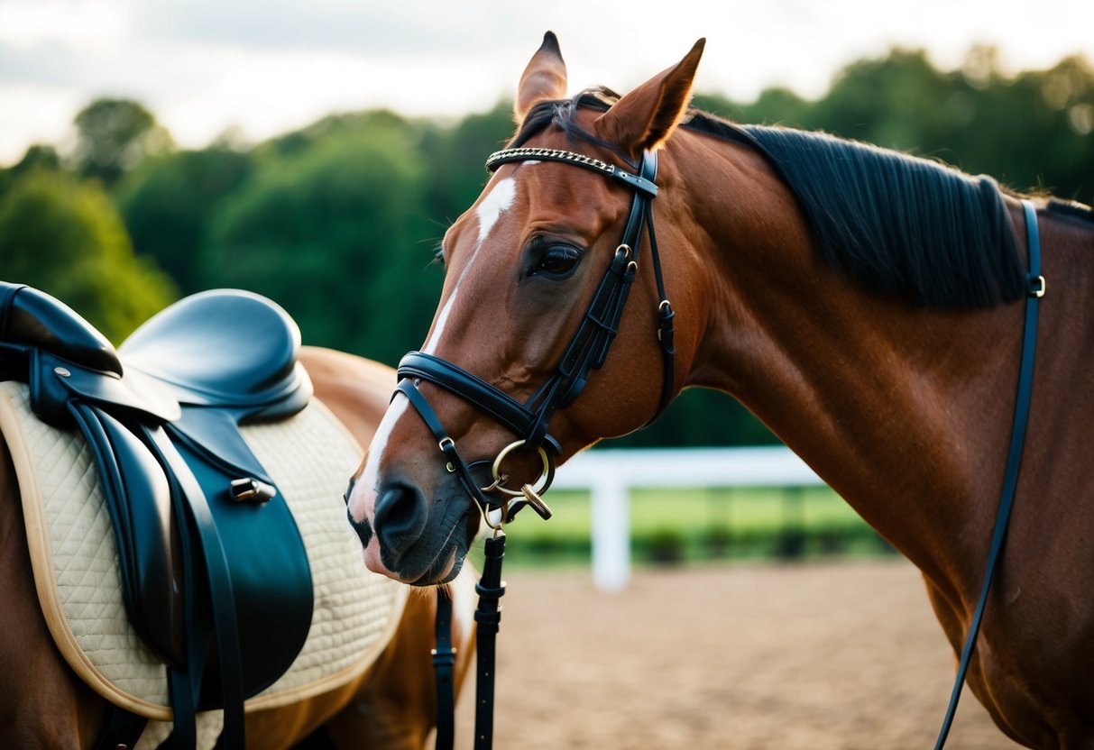A bridle is placed over the horse's head, with the bit in its mouth and the reins hanging down. The saddle is adjusted and the horse is ready to go