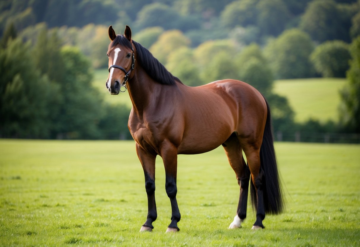 A groomed horse standing proudly in a lush green pasture