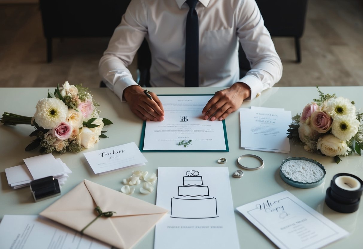 A figure sits at a desk surrounded by wedding planning materials, including invitations, flowers, and a cake sketch