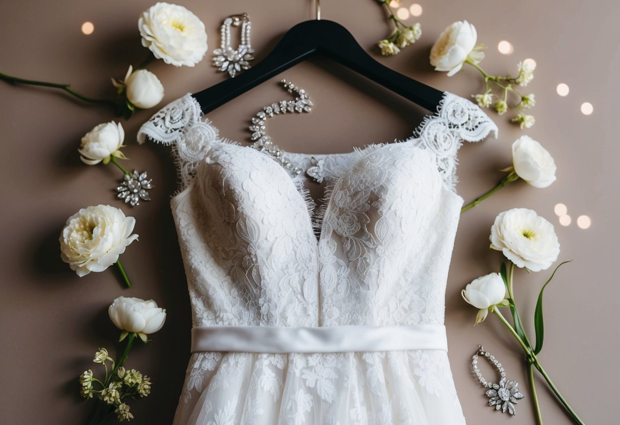 A white lace gown hangs on a hanger, surrounded by delicate flowers and sparkling jewelry