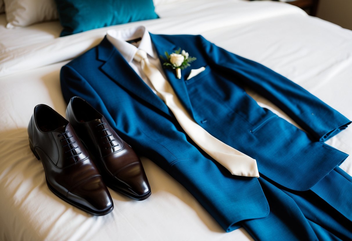 A groom's suit and tie laid out on a bed, with polished shoes and a boutonniere nearby