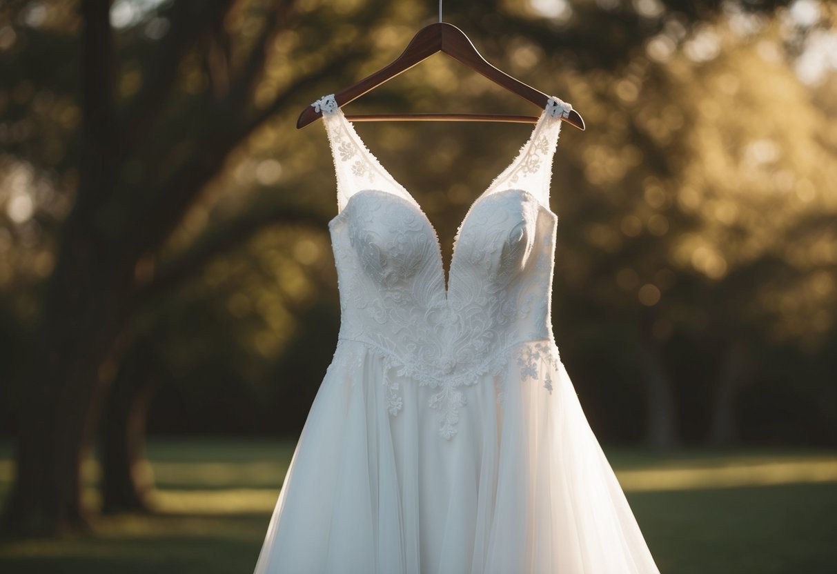 A flowing white wedding gown hanging from a vintage wooden hanger