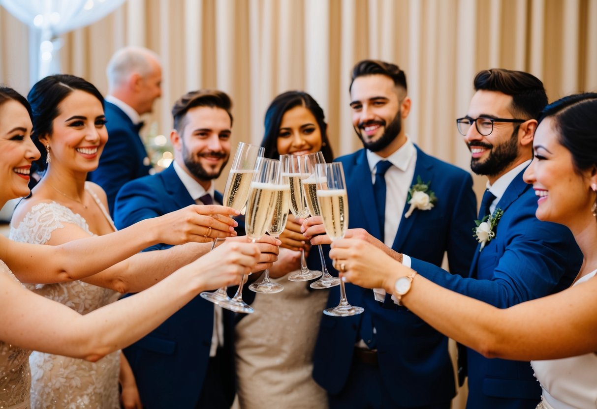 A group of friends raising a toast with champagne flutes at a festive pre-wedding event