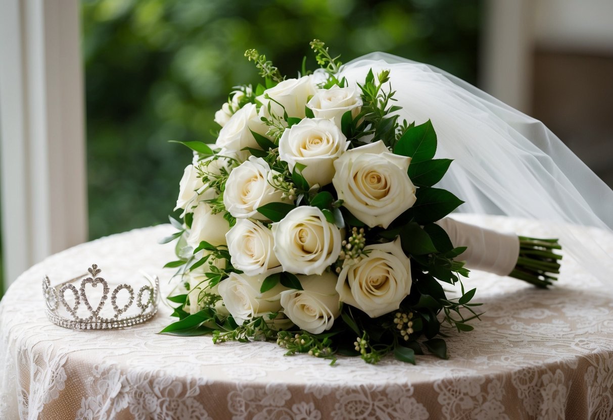 A bride's bouquet rests on a lace-covered table beside a delicate tiara and veil. White roses and greenery spill from the arrangement