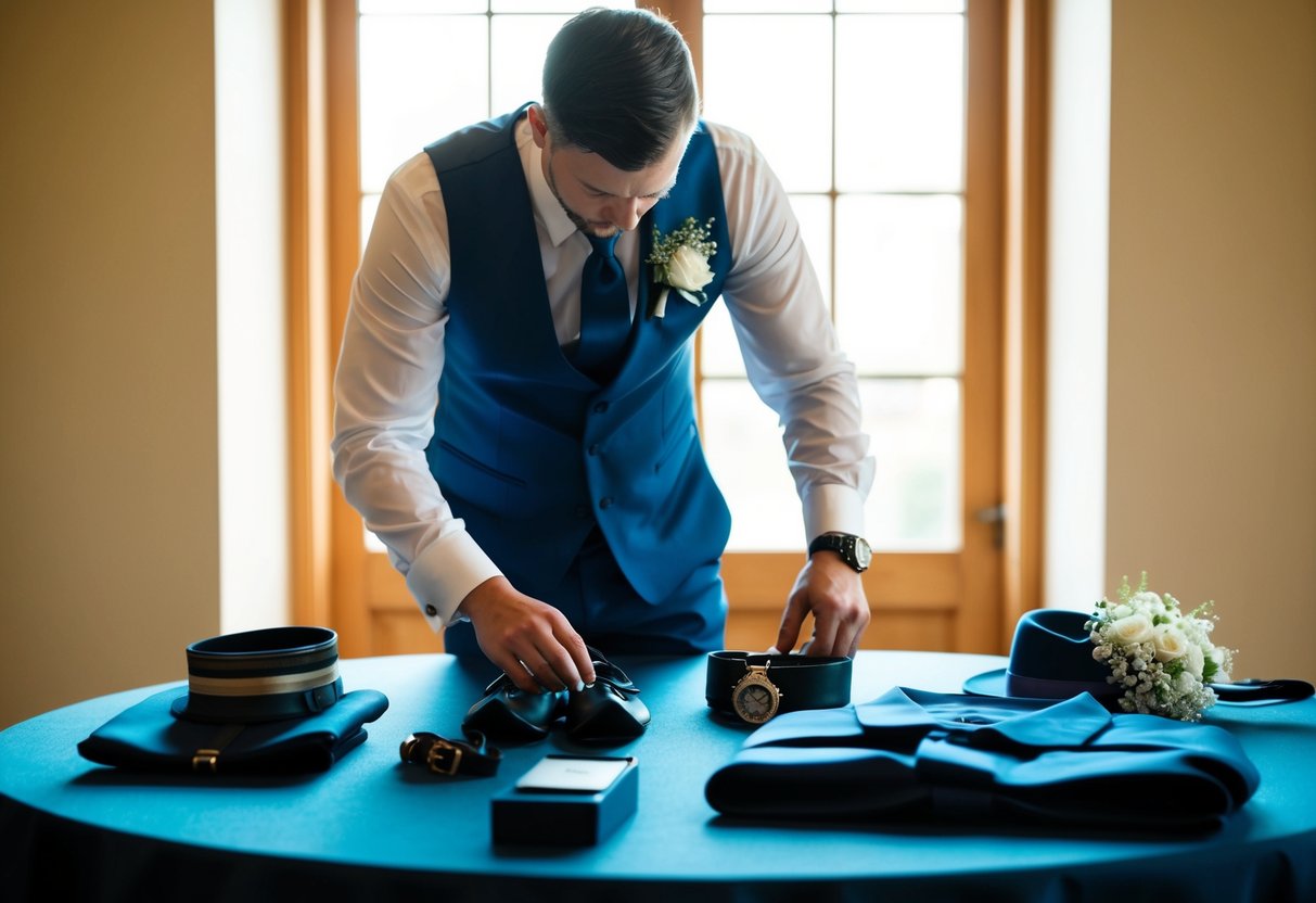 A groomsman arranging groom's attire and accessories on a table