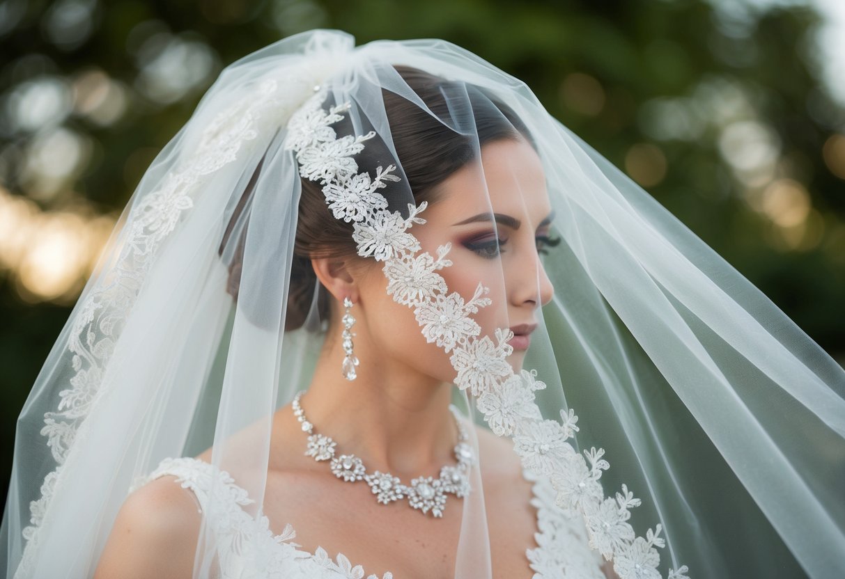 A bride's veil billows in the soft breeze, surrounded by delicate lace and shimmering beads