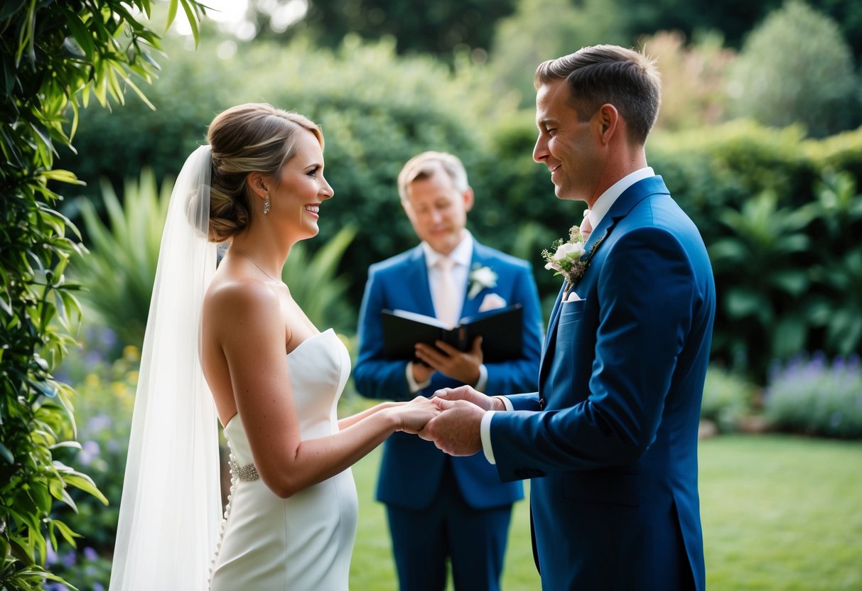 A bride and groom exchanging vows in a lush, eco-friendly garden