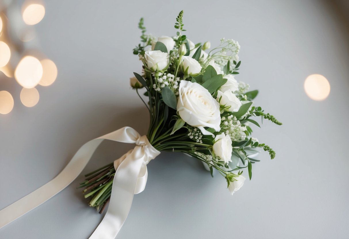 A bridal friend: a bouquet of delicate white flowers and greenery, tied with a flowing ribbon