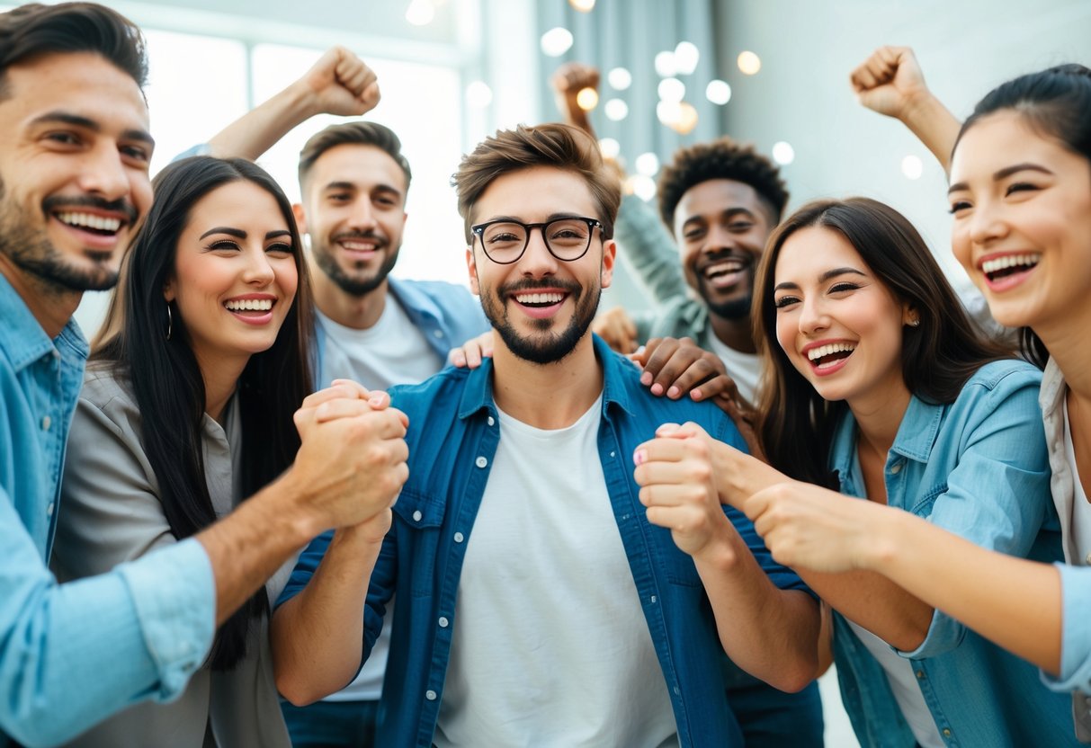 A group of friends celebrating, with one person in the center surrounded by others showing happiness and support