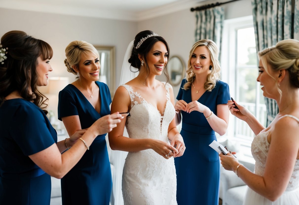 A bridal friend helps the bride prepare for her wedding day, assisting with tasks like organizing the bridal party, offering emotional support, and ensuring the bride looks her best