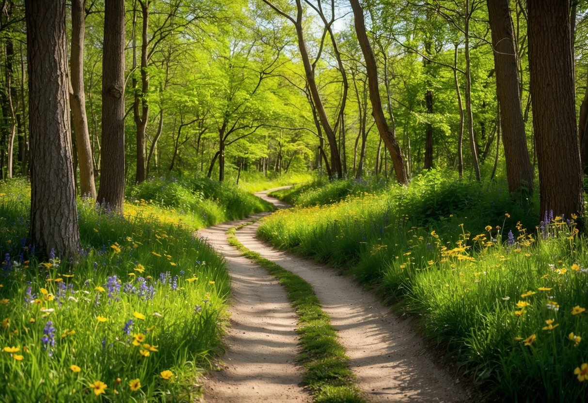 A winding trail through a sun-dappled forest, with wildflowers lining the path and a gentle stream running alongside