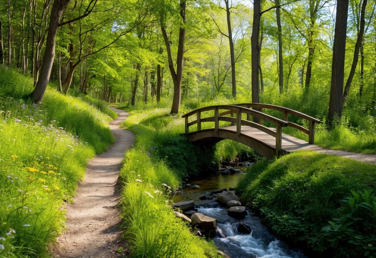 A winding trail through a forest, dappled with sunlight and lined with wildflowers, leads to a quaint wooden bridge over a babbling brook