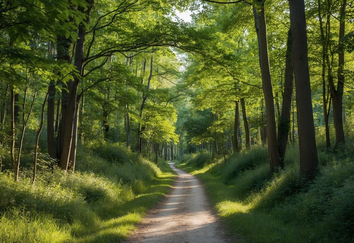 A narrow trail winds through a serene forest, dappled sunlight filtering through the trees onto the soft earth below