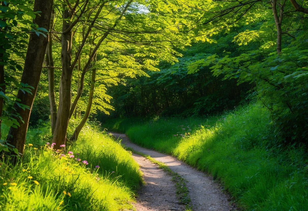 A narrow trail winds through lush greenery, dappled sunlight filtering through the trees. A small stream runs alongside, and wildflowers line the path