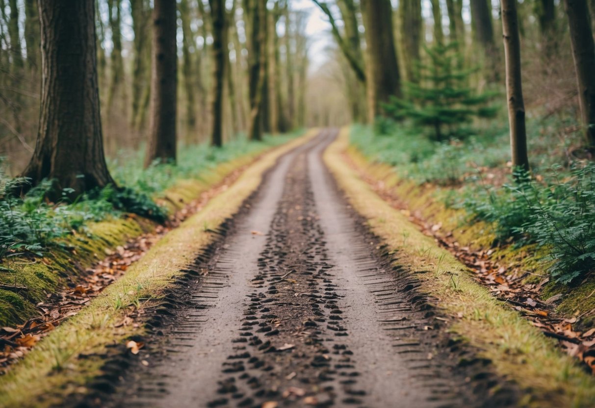 A winding trail through a forest, lined with trees and marked by hoofprints
