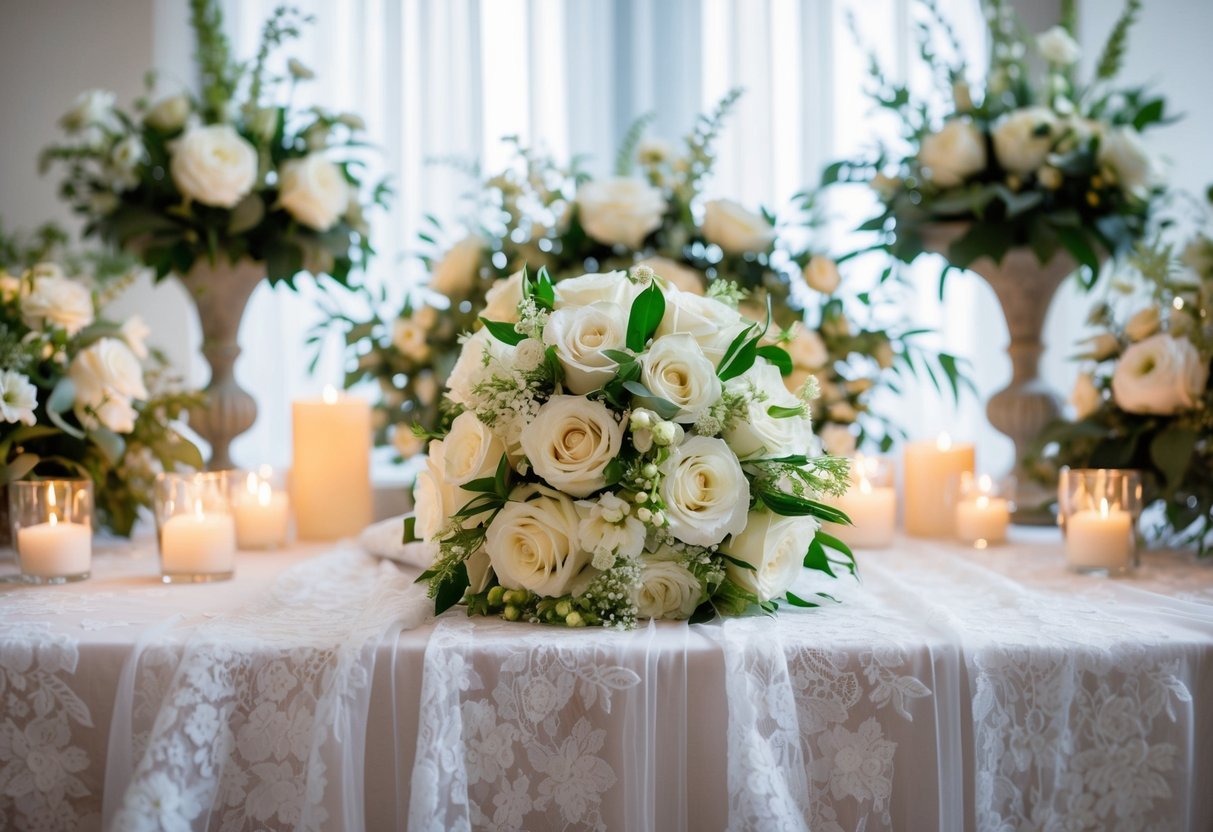 A bride's bouquet resting on a lace-draped table, surrounded by delicate floral arrangements and soft candlelight