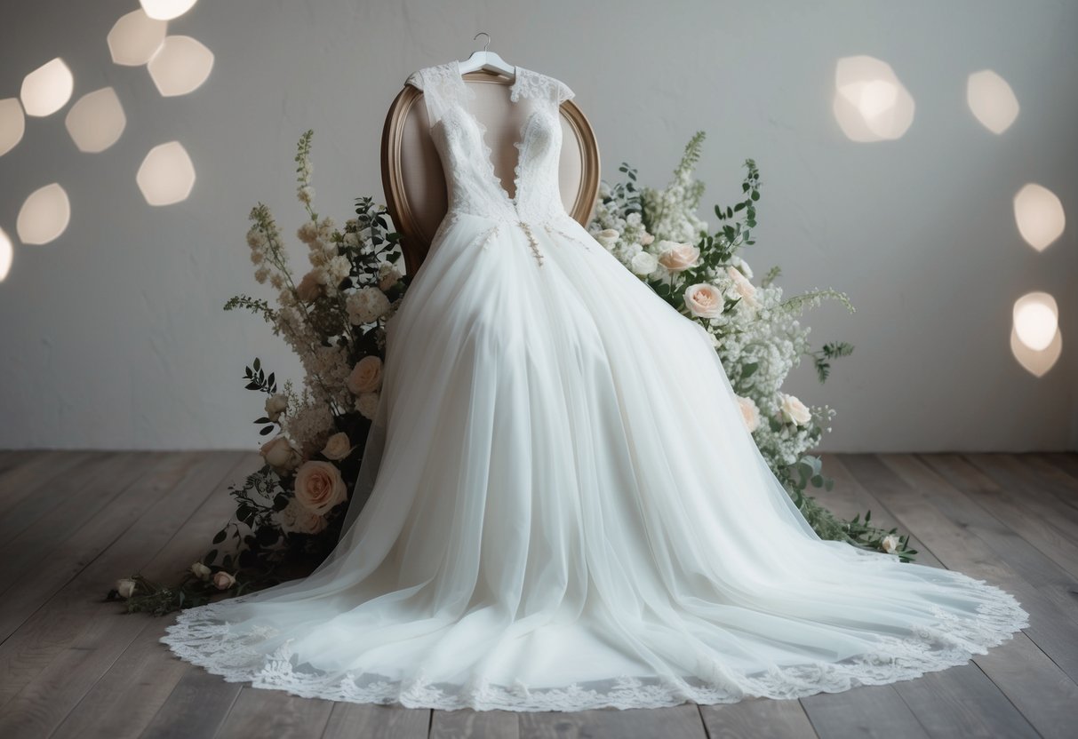 A flowing wedding gown draped over a chair, surrounded by delicate lace and floral details