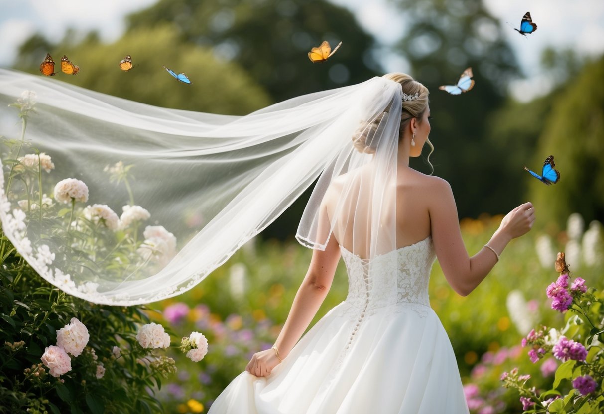 A bride's veil flowing in the breeze, surrounded by blooming flowers and fluttering butterflies