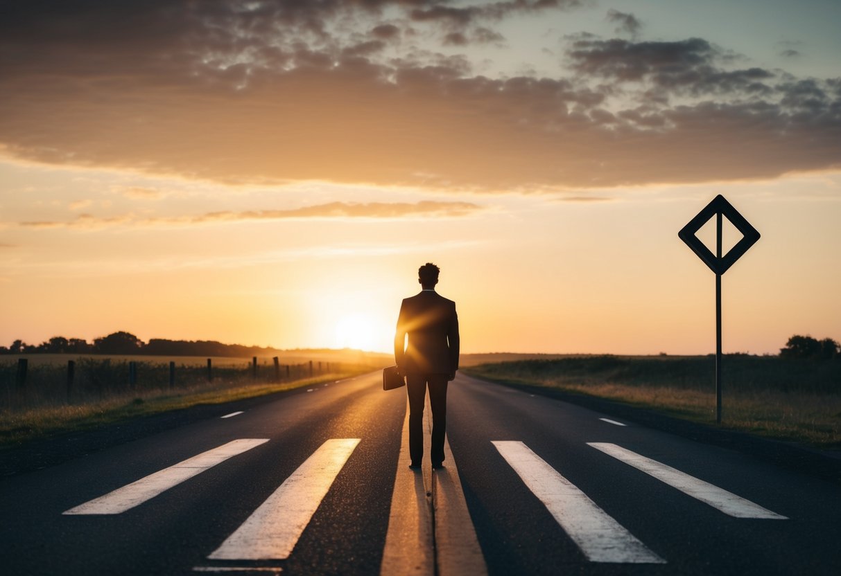 A solitary figure stands at a crossroads, one foot in the past and the other in the future. The setting sun casts a warm glow on the scene, emphasizing the sense of transition and uncertainty