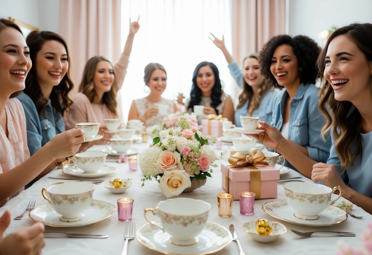 A table set with delicate teacups, flowers, and gifts, surrounded by joyful friends celebrating a bridal shower