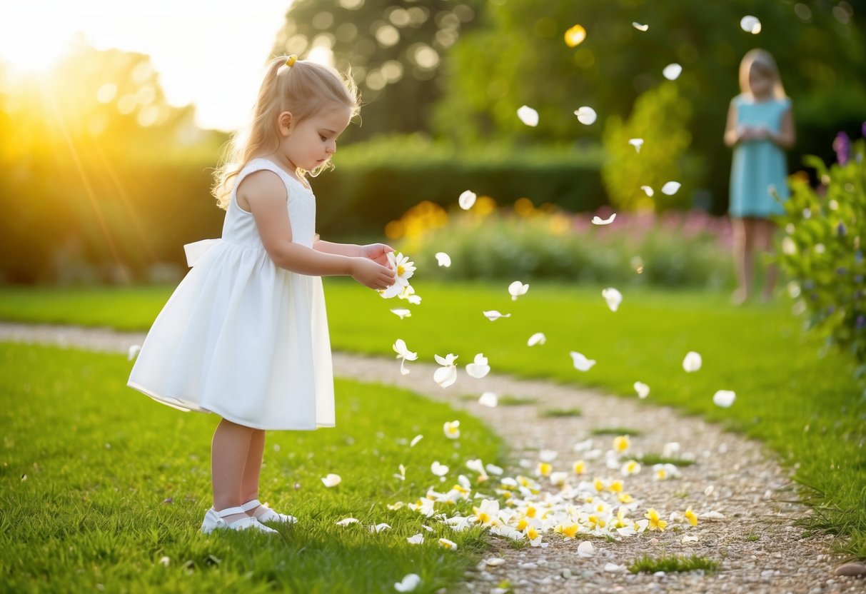 A young girl in a white dress stands in a garden, scattering flower petals along a path. The sun shines down, casting a warm glow over the scene