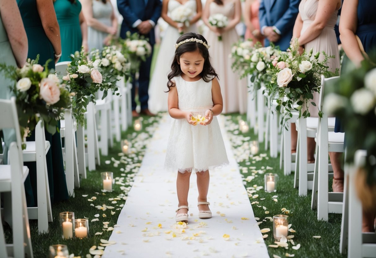 A young girl happily scattering flower petals down the aisle at a wedding, surrounded by blooming flowers and greenery