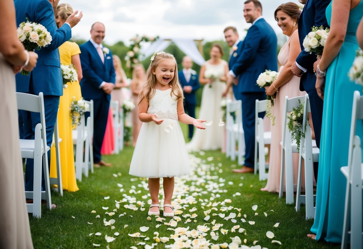 A young girl happily scattering flower petals along a path at a wedding, surrounded by the joyful and celebratory atmosphere of the event