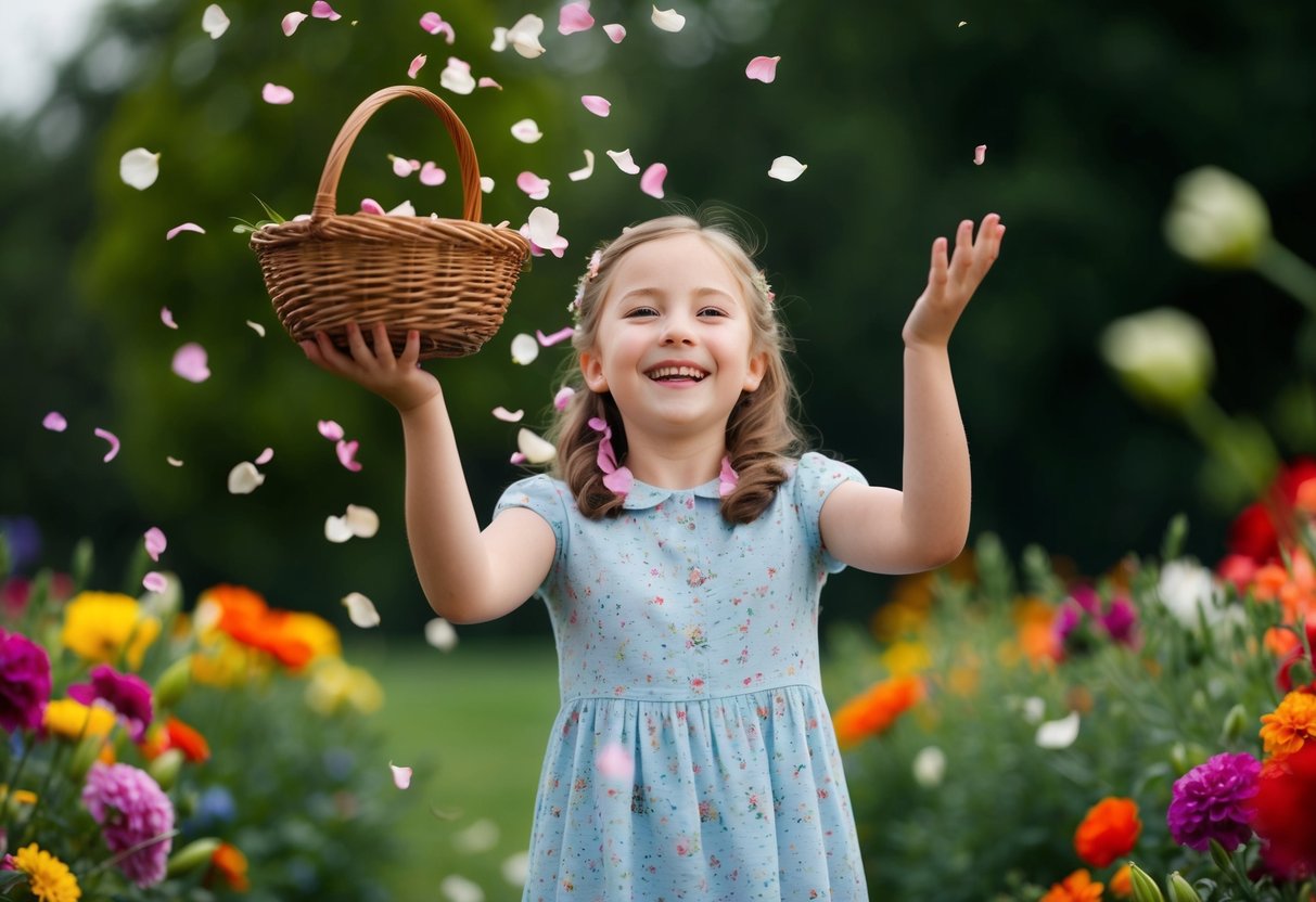 An 11-year-old girl joyfully scatters petals from a basket, surrounded by colorful flowers and greenery