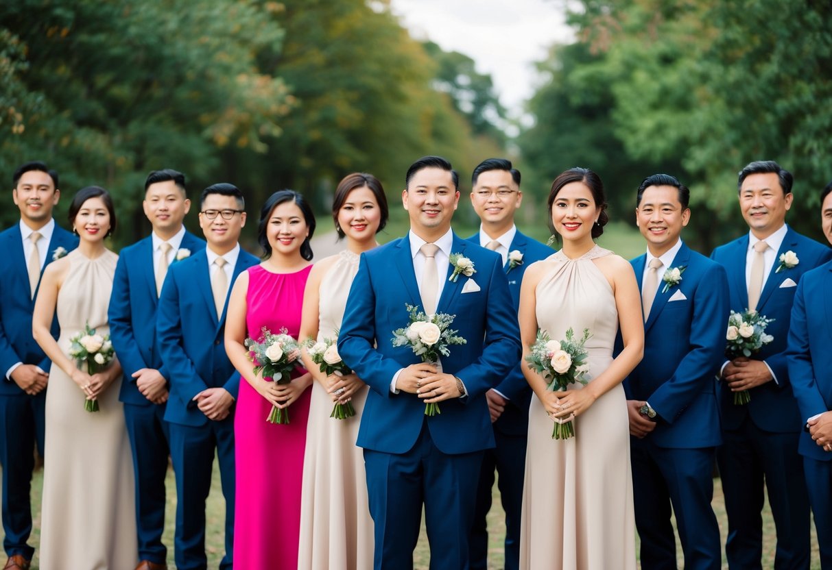 Ten well-dressed figures stand in a row, each holding a small bouquet or boutonniere. They are arranged in a semi-circle, with a central space left open