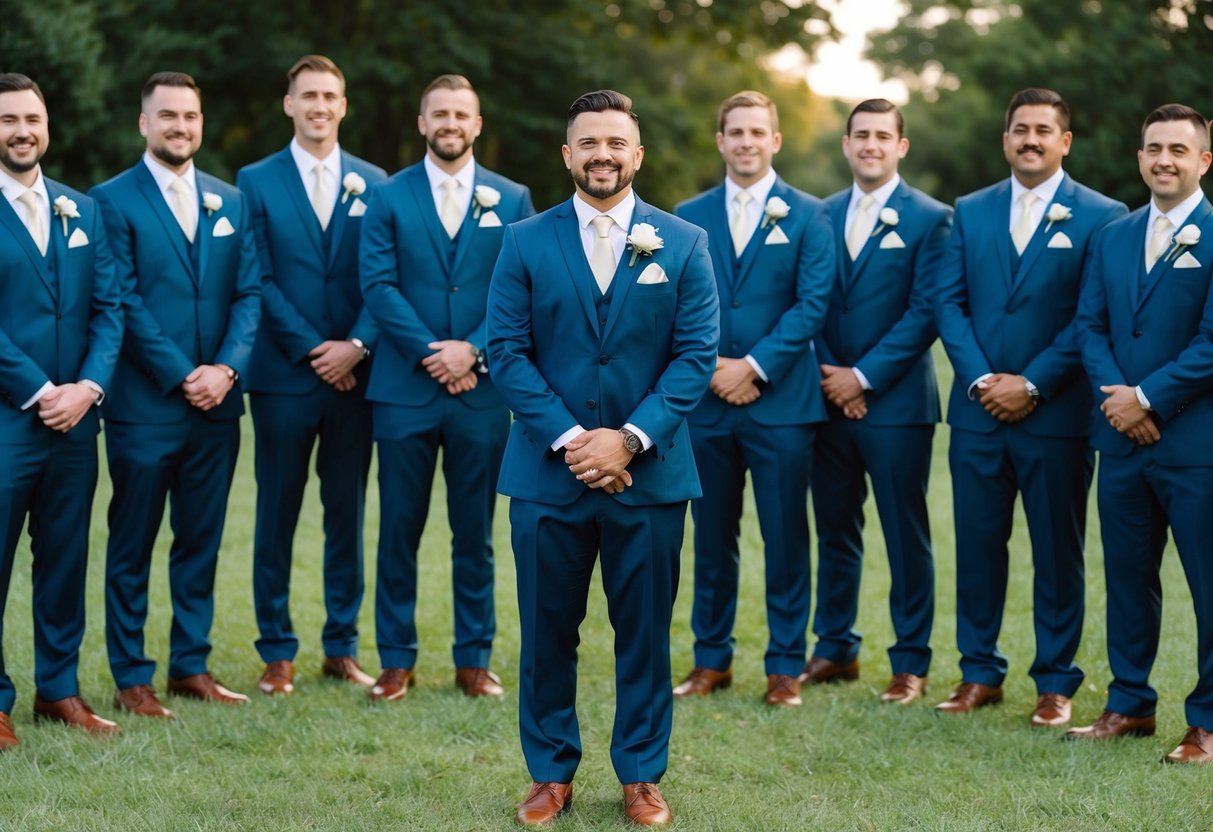 A group of 10 groomsmen standing in a line, each wearing a matching suit and tie, with a groom in the center