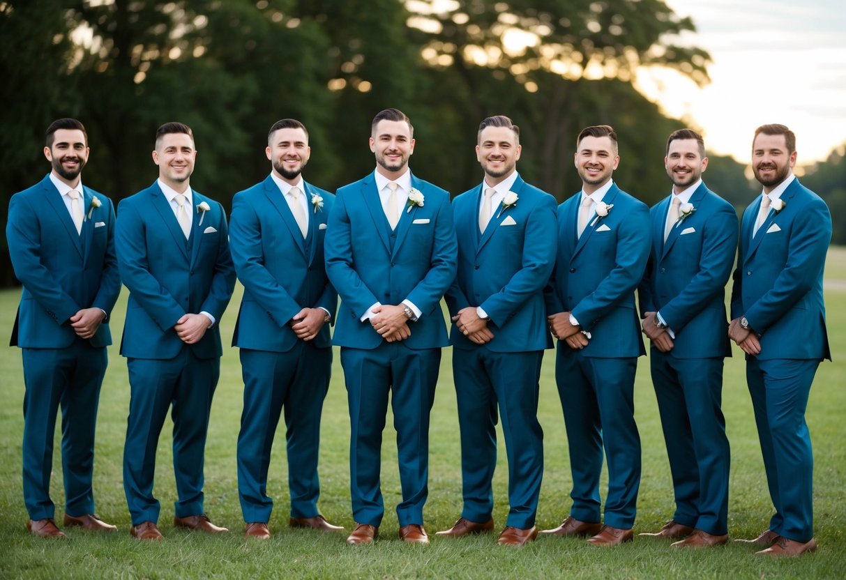 A group of 10 groomsmen standing in a line, each wearing a matching suit and tie, with the groom in the center