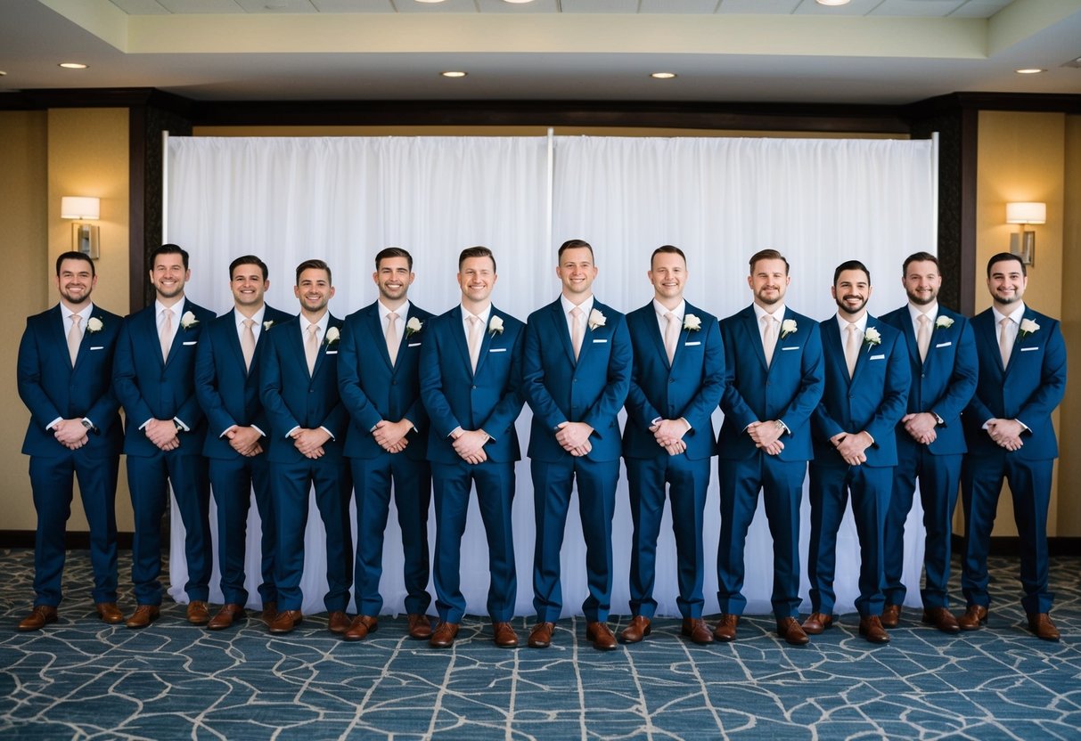 A group of 10 groomsmen standing in a line, each wearing a matching suit and holding a small bouquet of flowers. They are arranged in front of a decorative backdrop, ready for a wedding ceremony